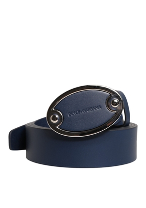 Blue Leather Classic Metal Logo Buckle Belt - 110 cm / 44 Inches