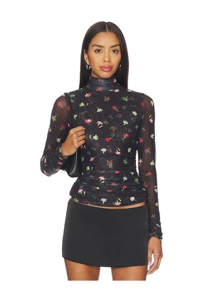 Cinq a Sept Tumbling Carnations Shirred Mesh Top in Black. Size L. Also in M, S, XS.
