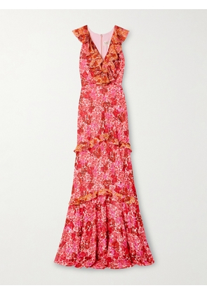 Saloni - Rita Ruffled Tiered Floral-print Silk-georgette Maxi Dress - Pink - UK 6,UK 8,UK 10,UK 12,UK 14,UK 16