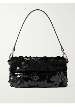 STAUD - Timmy Leather-trimmed Sequined Satin Shoulder Bag - Black - One size