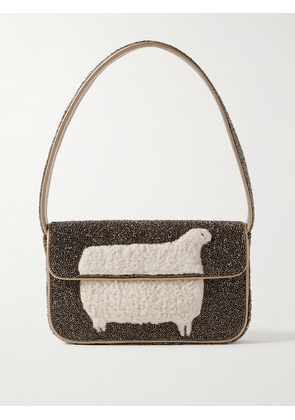 STAUD - Tommy Fleece-trimmed Beaded Satin Shoulder Bag - Gray - One size