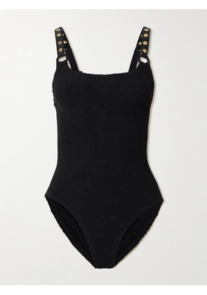 Hunza G - Melody Eyelet-embellished Seersucker Swimsuit - Black - One size