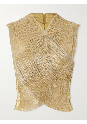 Cult Gaia - Haisley Cropped Satin-trimmed Beaded Mesh Top - Gold - US0,US2,US4,US6,US8,US10