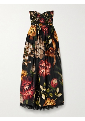 Agua by Agua Bendita - Tonia Paramo Strapless Lace-trimmed Embellished Floral-print Cotton-poplin Midi Dress - Black - x small,small,medium,large,x large