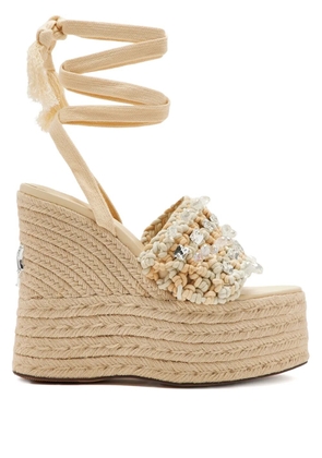 NAKED WOLFE 140mm Peony beaded woven wedge sandals - Neutrals