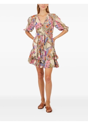 Derhy peacock-print puff-sleeve mini dress - Neutrals