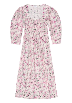 GANNI floral-print puff-sleeves midi dress - Pink