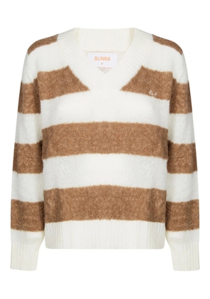 Sun68 striped-pattern V-neck sweater - White