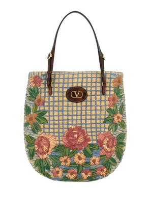Valentino Garavani embroidered-raffia V-logo shoulder bag - Neutrals