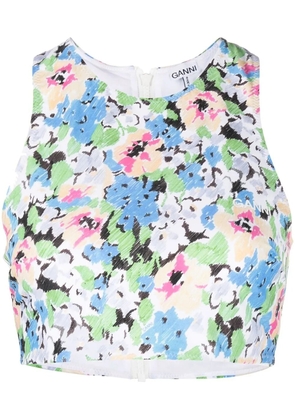 GANNI cropped floral print sleeveless top - Blue