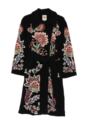 FARM Rio floral-embroidered belted coat - Black