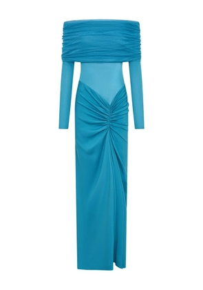 Christopher Esber Sonora Veiled off-shoulder ruched long dress - Blue