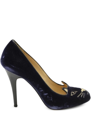 Charlotte Olympia 90mm Kitty cat-embroidered velvet pumps - Blue