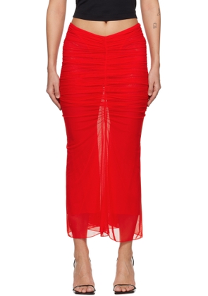 Mugler Red Ruched Mesh Midi Skirt