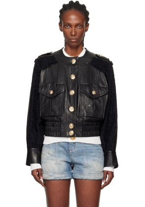 Balmain Black Tweed & Leather Bomber Jacket