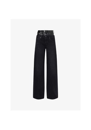 Womens Agolde Elson Double-Waistband Cotton-And-Leather Jeans