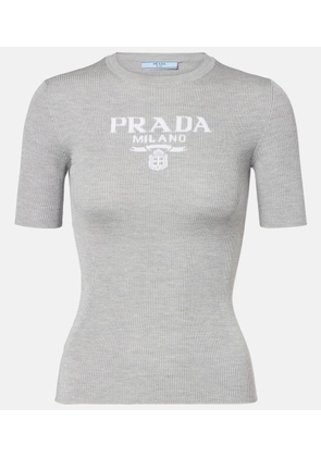 Prada Logo ribbed-trim silk T-shirt