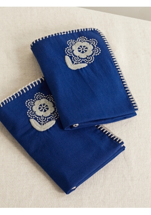 Sea - Set Of Two Whipstitched Embroidered Cotton Napkins - Blue - One size