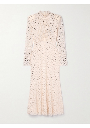 Self-Portrait - Cutout Embellished Gathered Mesh Turtleneck Midi Dress - Cream - UK 4,UK 6,UK 8,UK 10,UK 12,UK 14