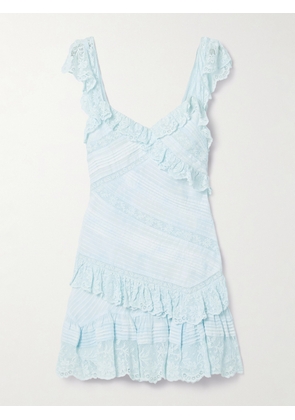 LOVESHACKFANCY - Bensley Lace-trimmed Pintucked Ruffled Cotton-voile Mini Dress - Blue - US00,US0,US2,US4,US6,US8,US10