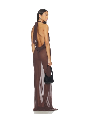 Cha The Label Halterneck Maxi Dress in Chocolate. Size L. Also in M, S, XS.