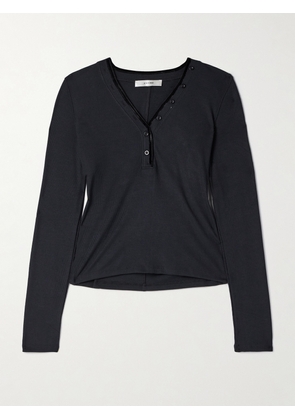 FRAME - The Henley Velvet-trimmed Ribbed Stretch-modal Top - Black - x small,small,medium,large