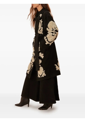 FARM Rio Helen floral-embroidered belted coat - Black