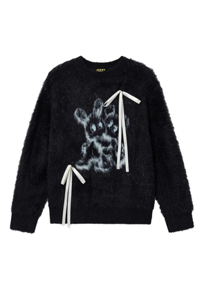 Mini Cream ribbon-detail graphic-design sweater - Black