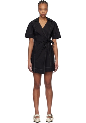 GANNI Black Cotton Poplin Wrap Minidress