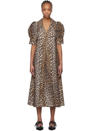 GANNI Brown Leopard Cotton Poplin V-Neck Maxi Dress