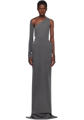 Pushbutton Gray Asymmetric Darted Slim Maxi Dress