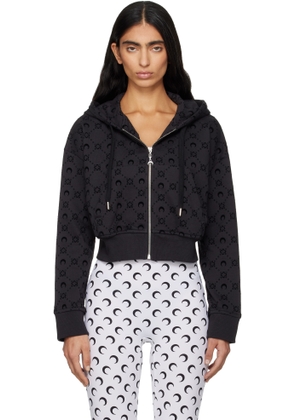 Marine Serre Black Moonogram Flocked Fleece Cropped Zipped Hoodie