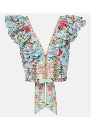 Camilla Embellished floral cotton poplin crop top