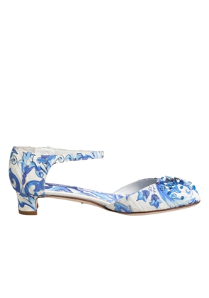 Dolce & Gabbana White Blue Floral Crystal Ankle Straps Shoes - EU36/US5.5