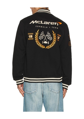 McLaren Formula 1 Ready To Drive Fleece Varsity Jacket in Black. Size S. Also in L, XL/1X.