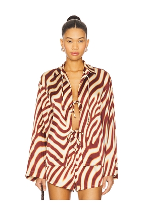 SEVEN WONDERS Montie Tie Front Sleeved Shirt in Chocolate. Size S. Also in L, M, XL, XS.