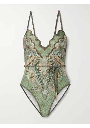 Zimmermann - Wanderlust Belted Embellished Scalloped Printed Swimsuit - Blue - 01,2,3,4