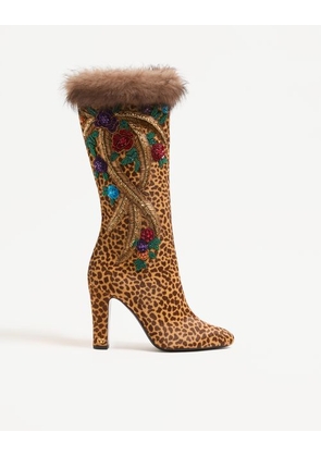Valentino Garavani Hotty Boot in Pony-Effect Calfskin with Floral Embroidery and Fur 100mm Woman ANIMAL PRINT 36