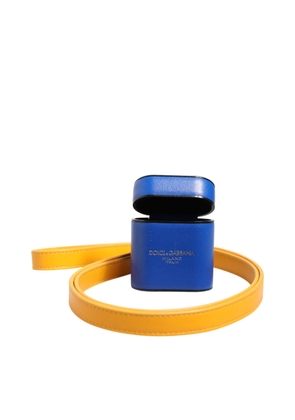 Dolce & Gabbana Blue Yellow Calfskin Leather Logo Strap Men Airpods Case