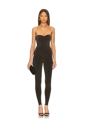 Norma Kamali Strapless Shirred Front Catsuit in Brown. Size M. Also in S, XL.
