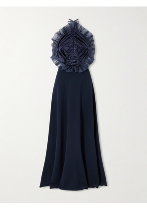 VIOLANTE NESSI - Open-back Ruched Ruffled Organza-trimmed Silk-satin Halterneck Gown - Blue - IT38,IT40,IT42,IT44,IT46