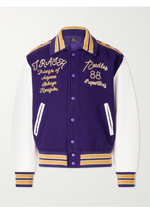 Needles - Cropped Leather-Trimmed Melton Wool Letter Jacket - Men - Purple - M