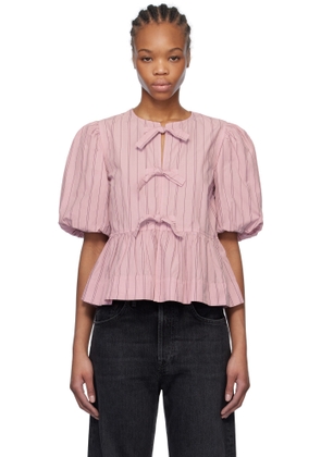 GANNI Pink Cotton Poplin Peplum Tie Blouse
