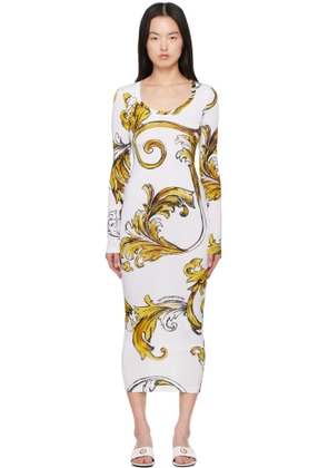 Versace Jeans Couture White & Yellow Outline Barocco Midi Dress