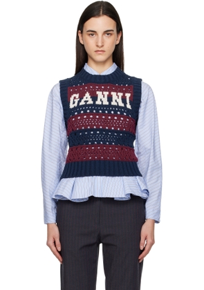 GANNI Navy & Burgundy Cotton Mixed Stripe Vest