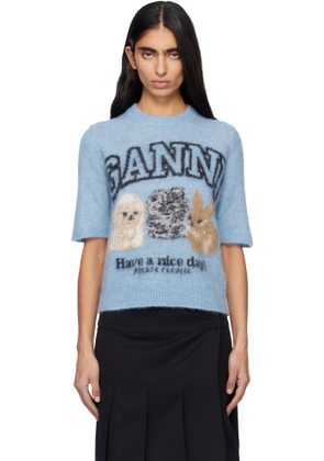 GANNI Blue Fine Brushed Alpaca Puppies T-shirt