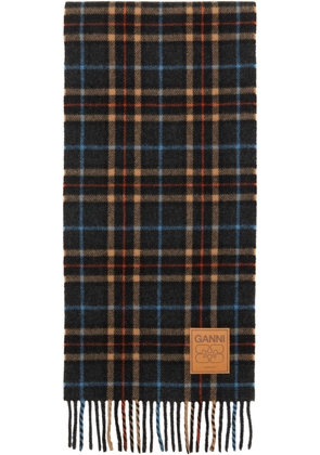 GANNI Gray Check Wool Scarf