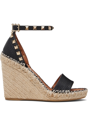Valentino Garavani Black Double Rockstud Grainy Calfskin Wedge Sandals