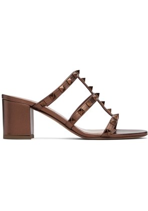 Valentino Garavani Brown Rockstud Metallic Calfskin Leather Slide Sandals