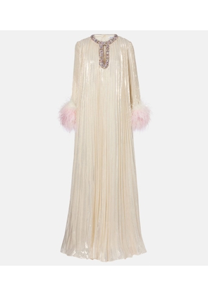 Self-Portrait Embellished feather-trimmed silk-blend maxi dress